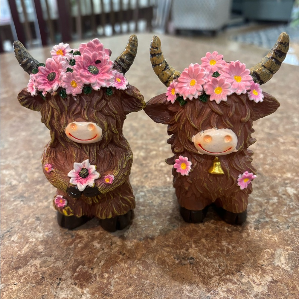 Charming Brown and Pink Highland Cow Figurines